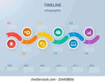 Infographics timeline template with realistic colorful circles for 6 steps and icons. Can be used for workflow layout, diagram, number options, step up options, web design, infographics, presentations