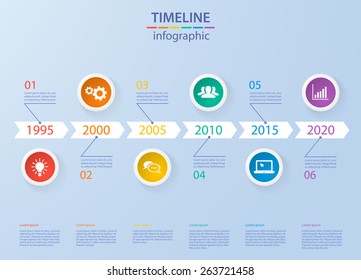 Infographics timeline template with realistic colorful circles for 6 steps and icons. Can be used for workflow layout, diagram, number options, step up options, web design, infographics, presentations