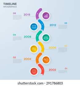 Infographics timeline template with realistic colorful circles for 6 steps and icons. Can be used for workflow layout, diagram, number options, step up options, web design, infographics, presentations