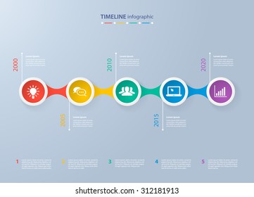 Infographics timeline template with realistic colorful circles for 5 steps and icons. Can be used for workflow layout, diagram, number options, step up options, web design, infographics, presentations