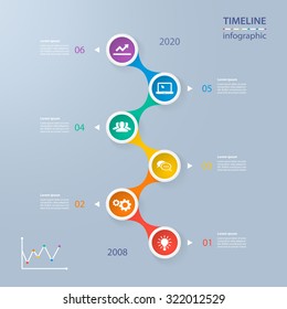 Infographics timeline template with realistic colorful circles for 6 steps and icons. Can be used for workflow layout, diagram, number options, step up options, web design, infographics, presentations
