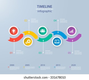 Infographics timeline template with realistic colorful circles for 5 steps and icons. Can be used for workflow layout, diagram, number options, step up options, web design, infographics, presentations