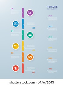 Infographics timeline template with realistic colorful circles for 6 steps and icons. Can be used for workflow layout, diagram, number options, step up options, web design, infographics, presentations