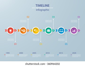 Infographics timeline template with realistic colorful circles for 6 steps and icons. Can be used for workflow layout, diagram, number options, step up options, web design, infographics, presentations