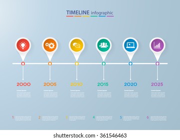 Infographics timeline template with realistic colorful circles for 6 steps and icons. Can be used for workflow layout, diagram, number options, step up options, web design, infographics, presentations