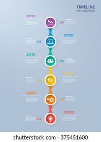 Infographics timeline template with realistic colorful circles for 6 steps and icons. Can be used for workflow layout, diagram, number options, step up options, web design, infographics, presentations