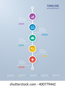 Infographics timeline template with realistic colorful circles for 5 steps and icons. Can be used for workflow layout, diagram, number options, step up options, web design, infographics, presentations
