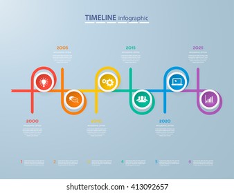 Infographics timeline template with realistic colorful circles for 6 steps and icons. Can be used for workflow layout, diagram, number options, step up options, web design, infographics, presentations