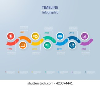 Infographics Timeline Template With Realistic Colorful Circles For 7 Steps And Icons. Can Be Used For Workflow Layout, Diagram, Number Options, Step Up Options, Web Design, Infographics, Presentations