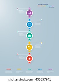 Infographics timeline template with realistic colorful circles for 5 steps and icons. Can be used for workflow layout, diagram, number options, step up options, web design, infographics, presentations
