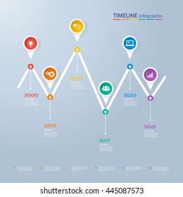Infographics timeline template with realistic colorful circles for 6 steps and icons. Can be used for workflow layout, diagram, number options, step up options, web design, infographics, presentations