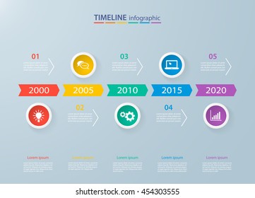 Infographics timeline template with realistic colorful circles for 5 steps and icons. Can be used for workflow layout, diagram, number options, step up options, web design, infographics, presentations
