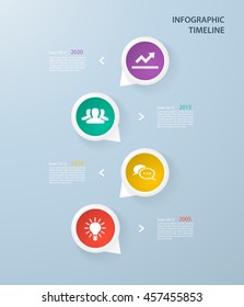 Infographics timeline template with realistic colorful circles for 4 steps and icons. Can be used for workflow layout, diagram, number options, step up options, web design, infographics, presentations