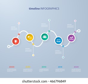 Infographics timeline template with realistic colorful circles for 5 steps and icons. Can be used for workflow layout, diagram, number options, step up options, web design, infographics, presentations