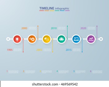 Infographics timeline template with realistic colorful circles for 6 steps and icons. Can be used for workflow layout, diagram, number options, step up options, web design, infographics, presentations