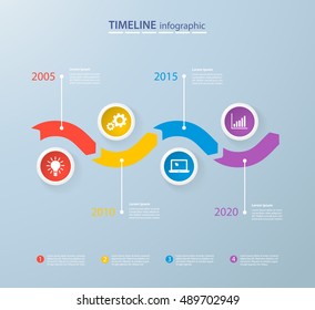 Infographics timeline template with realistic colorful circles for 4 steps and icons. Can be used for workflow layout, diagram, number options, step up options, web design, infographics, presentations