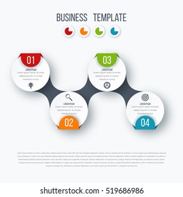 Infographics timeline template with realistic colorful circles for 4 steps and icons. Can be used for workflow layout, diagram, number options, step up options, web design, presentations