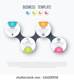 Infographics timeline template with realistic colorful circles for 4 steps and icons. Can be used for workflow layout, diagram, number options, step up options, web design, presentations