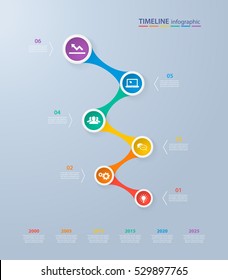 Infographics timeline template with realistic colorful circles for 6 steps and icons. Can be used for workflow layout, diagram, number options, step up options, web design, infographics, presentations