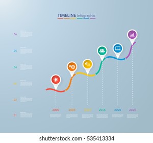 Infographics timeline template with realistic colorful circles for 6 steps and icons. Can be used for workflow layout, diagram, number options, step up options, web design, infographics, presentations
