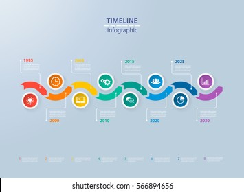 Infographics timeline template with realistic colorful circles for 8 steps and icons. Can be used for workflow layout, diagram, number options, step up options, web design, infographics, presentations