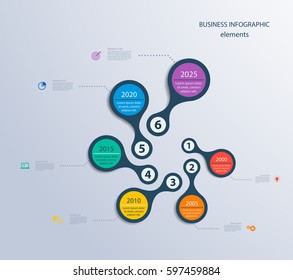 Infographics timeline template with realistic colorful circles for 6 steps and icons. Can be used for workflow layout, diagram, number options, step up options, web design, infographics, presentations