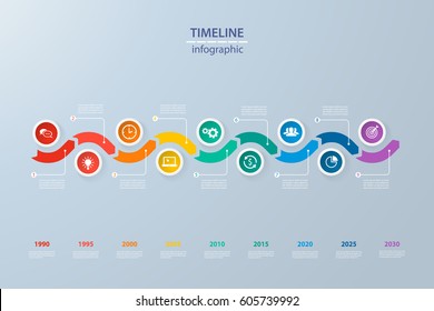 Infographics timeline template with realistic colorful circles for 9 steps and icons. Can be used for workflow layout, diagram, number options, step up options, web design, infographics, presentations