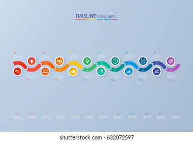 Infographics timeline template with realistic colorful circles for 12 steps and icons. Can be used for workflow layout, diagram, number options, step up options, web design, infographics presentations