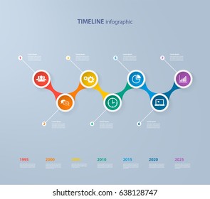 Infographics timeline template with realistic colorful circles for 7 steps and icons. Can be used for workflow layout, diagram, number options, step up options, web design, infographics, presentations