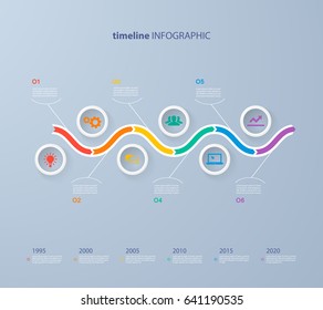 Infographics timeline template with realistic colorful circles for 6 steps and icons. Can be used for workflow layout, diagram, number options, step up options, web design, infographics, presentations