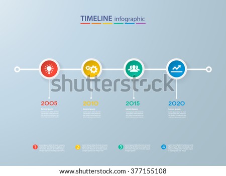 Infographics timeline template with realistic colorful circles for 4 steps and icons. Can be used for workflow layout, diagram, number options, step up options, web design, infographics, presentations