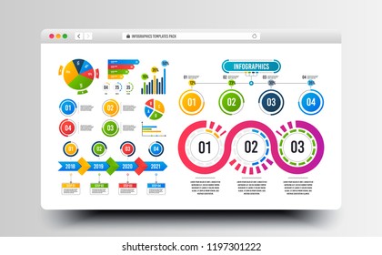 Infographics timeline templates. Business data graphs. Financial pie chart. Presentation slide graph elements. Timeline data chart. Infographics with 3, 4 steps. Web browser window. Vector