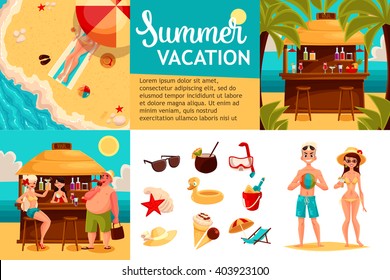 Infographics with travel concept summer vacation on the beach, tourists go hiking in travel between countries, vacation, set of vector elements of icons, beach, summer, bar, sand, sea, fun and games