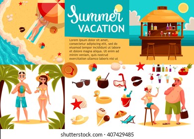 Infographics with travel concept summer vacation on the beach, tourists go hiking in travel between countries, vacation, set of vector elements of icons, beach, summer, bar, sand, sea, fun and games