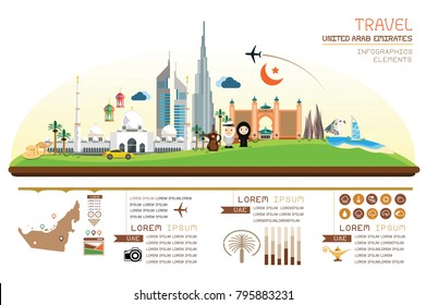 Infográficos viagem e marco unido emirados árabes modelo design. Ilustração vetorial