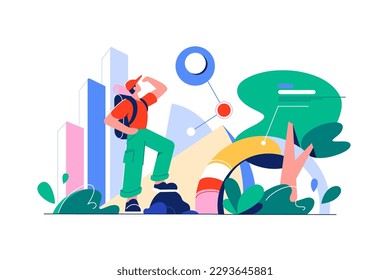 Infographics and traveler looking into the distance in nature, vector illustration.