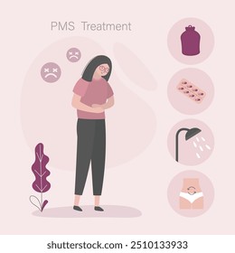 Infographics treatment of menstrual pain. Cute girl, menstrual period. Card poster female menstruation pain treatment. flat vector illustration