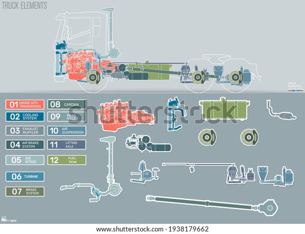 Infographics truck\
elements. Truck service. Detailed technical drawing of truck parts.\
Vector illustration eps\
10