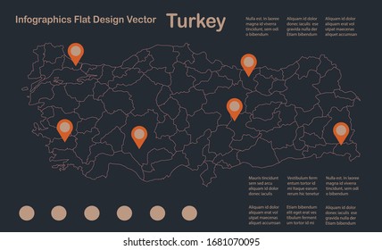 Infographics Turkey map outline, flat design, color blue orange vector