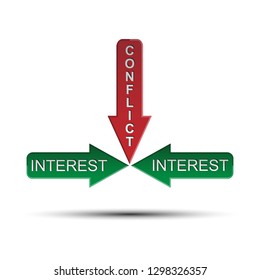 Infographics, two arrows labeled interest and an arrow pointing to a conflict