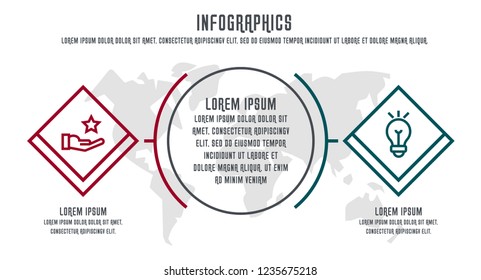 infographics with two elements, quadrilaterals. Contains map in the center. Designed for business, presentations, web design, diagrams with 2 steps.