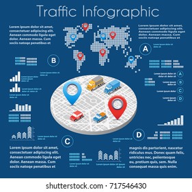 Infographics of urban road transport and traffic in the field of industrial construction and heavy industry. Template for presentation and design