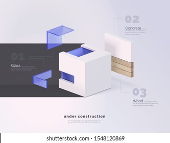 Infographics. The use of building materials in modern construction. Conceptual cottage by layers. Vector isometric style illustration.