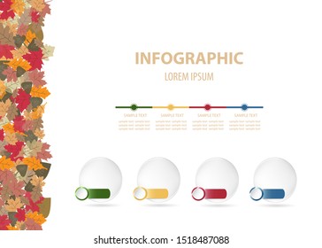 Infographics vector with autumn design containing four blank transparent balls with horizontal metal labels  ready for your text. Colorful fallen autumn leaves are at the left edge of vector.