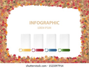 Infographics vector with autumn design containing four blank transparent rectangles with horizontal metal labels  ready for your text.  Edges of the vector in leaves on the white backgro