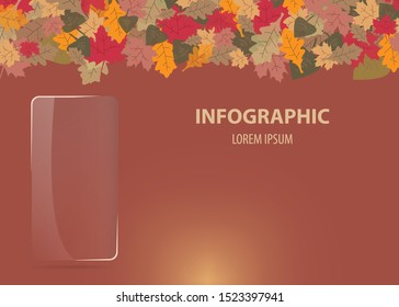 Infographics vector in autumn design containing  blank transparent rectangle  Top edge of the vector forms colorful autumn leaves. All on the brown background.