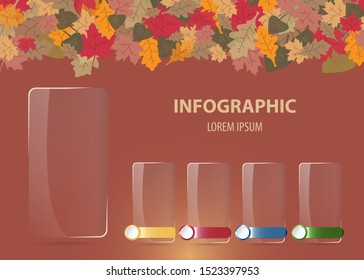 Infographics vector in autumn design containing four blank transparent rectangles with color metal labels  ready for your text.  Top edge of the vector forms colorful autumn leaves. 