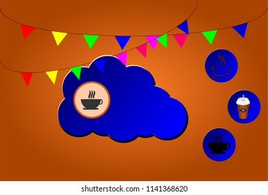 Infographics Vector Coffee Icons Blue Cloud Circles in a party with a brown background available for both print and web sites.