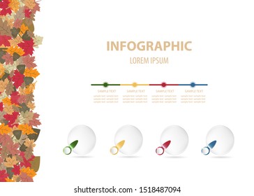 Infographics vector containing four blank transparent balls with oblique metal labels enable for numbering ready for your text. Colorful fallen autumn leaves are at the left edge of vector.