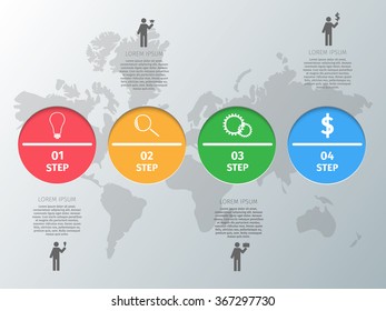 Infographics vector design circles on a grey world map background.
